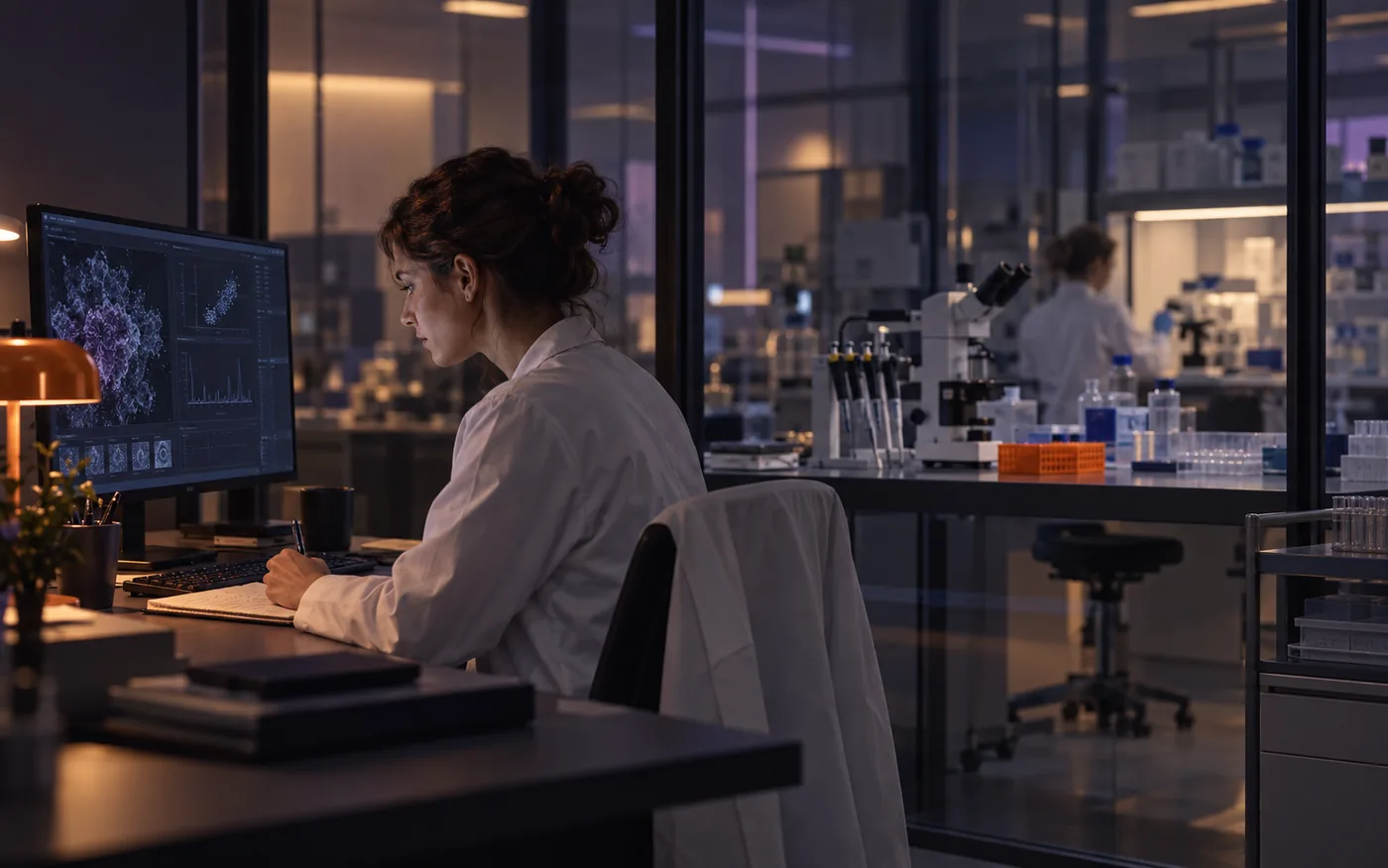 Investigadora analizando datos experimentales en su puesto, con el laboratorio y otra investigadora al fondo